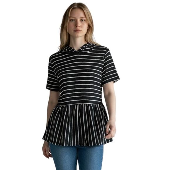 Lane Bryant Womens Knit Top 10/12 Black White Striped Hoodie Peplum Short Sleeve - Picture 1 of 10